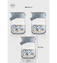 Renga Mono 900 ml Çiçek Desenli 3'lü Cam Kavanoz Seti 132065 Mavi