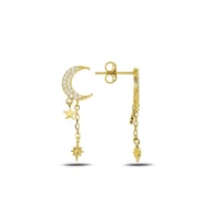Gümüş altın yaldızlı zirkon taşlı ay yıldız  küpe SGTL11914GOLD