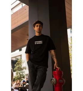 Unisex Bisiklet Yaka Baskılı Oversize T-Shirt - Siyah