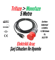 Bemis Elektrikli Araç Trifaze Uzatma Kablosu 32A→16A – 5 Metre, 3,7 kW  1/16A Fiş – 5/32A Priz  3x2,5 TTR