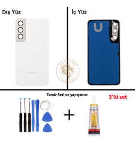 Samsung S22 Beyaz Arka Pil Kapağı Batarya Kapağı Lazer Kesim + Yapıştırıcı ve Vida Seti