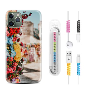 Apple iPhone 11 12 13 14 Pro Max Kılıf Kablo Koruma Spiral Silikon Gerçek Çiçekler 1743