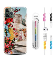 Apple iPhone 11 12 13 14 Pro Max Kılıf Kablo Koruma Spiral Silikon Gerçek Çiçekler 1743