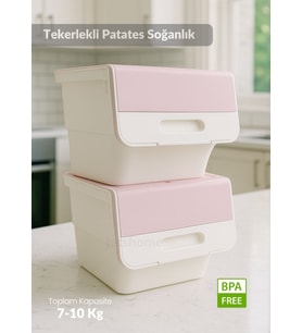 2’li Tekerlekli Patateslik Soğanlık Oyuncak Kutusu Patates Soğan Sepeti Motek Beyaz-Pembe 24 Lt