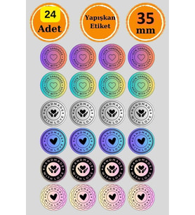 24 Adet - Renkli Handmade With Love Sticker - Paketleme Sticker - Handmade Sticker - Hediye Sticker (Pembe)