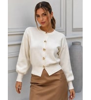Kadın Gold Metal Düğmeli Triko Hırka Balon Kol Crop Premium Ceket 12525
