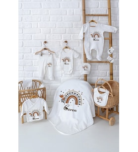 Pia Baby Premium Kız Bebek Hediyesi Hastane Çıkışı 10 Parça İsim Baskılı Set 5033-01 (Krem)