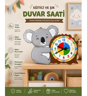 Montessori Eğitici Koala Temalı Çocuk Duvar Saati  Renkli Ahşap Saat – UV Baskı
