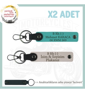 Tek Teker, İsim Plaka ve B Rh (-) Kan Grubu Yazılı Kişiye Özel x2 Anahtarlık, Pudra-K Turkuaz-Laci (Çok Renkli)