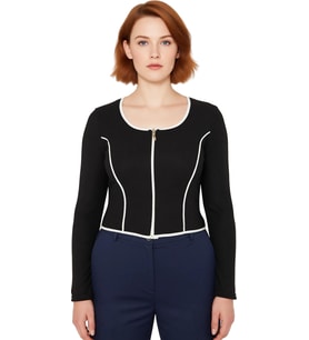 Kadın Vücuda Oturan Fermuarlı Bluz Esnek Örme Kumaş Crop Kesim Kontrast Detaylı Uzun Kol Kaliteli