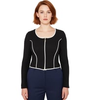 Kadın Vücuda Oturan Fermuarlı Bluz Esnek Örme Kumaş Crop Kesim Kontrast Detaylı Uzun Kol Kaliteli
