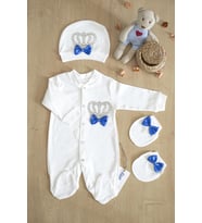 Erkek Bebek Papyonlu Kral Taşlı Süslü Tulum Seti 0-3 Ay STL6370 (Beyaz-Mavi)