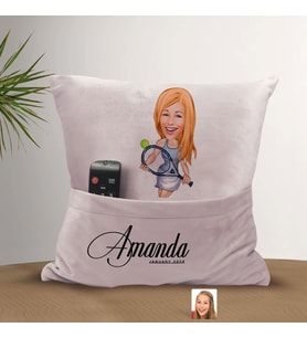 BK Gift Kişiye Özel Tenis Oyuncusu Karikatür Tasarımlı Organizer Kumanda ve Atıştırmalık Cepli Pembe Kırlent Yastık-1 Arkadaşa Hediye, Cepli Yastık