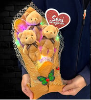 Renkli Led Işıklı Seni Seviyorum Kahve Ayıcıklı Premium Peluş Ayıcık Buketi (Model 5)