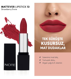 Cosmetics Mattever Lipstick 13 Strawberry Envie Yarı Mat Saten Bitişli Ruj, Pembe
