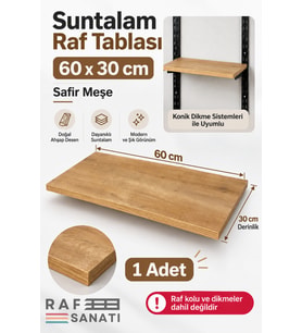 1 Adet - Suntalam Raf Tablası 60x30 cm Safir Meşe Ahşap Raf Konik Dikme Sistemleri ile Uyumlu
