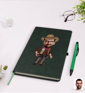 BK Gift Kişiye Özel Kovboy Karikatürlü Yeşil Termo Deri Defter Kalem Seti Model 1