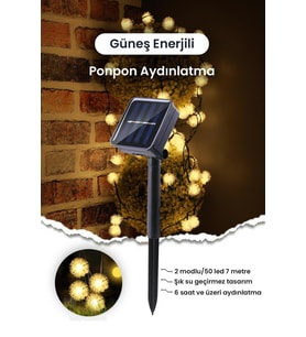 Trendpoint Solar 50 Ledli 7 Metre GünIşığı Güneş Enerjili Ponpon Bahçe Aydınlatma Balkon Dekorasyon
