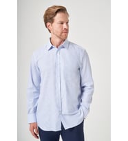 Beyaz-Mavi Sert Yaka Uzun Kol Cepli Çizgili Desen Comfort Fit %100 Pamuk Gömlek 1004260221