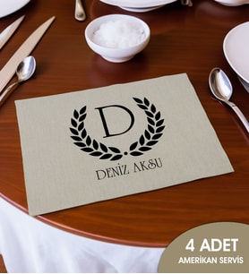 BK Gift Kişiye Özel İsimli 4’li Keten Amerikan Servis Seti-2, Ev Hediyesi,Baskılı Servis Bezi, Mutfak Dekoru
