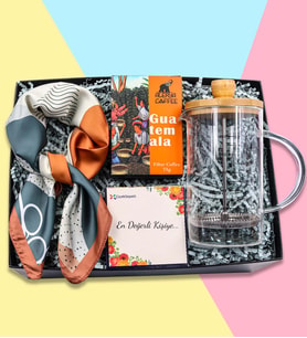 Bambu Kapaklı 600 ML Cam French Press & Alerya Guatemala Filtre Kahve & Yapraklı Detaylı Kahverengi Fular Hediye Seti