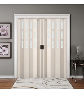 Faran Dekorasyon 245 x 230 Beyaz Renk Camlı Çift Açılım Pvc Akordiyon Katlanır Kapı FRNAKMODEL-253
