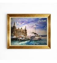 Tablore Haydarpaşa Garı Ve İstanbul Vapuru Sulu Boya Dokulu Altın Çerçeveli Tablo