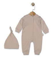 Unisex Bej Fitilli Düğümlü Bereli Çıtçıtlı Tulum