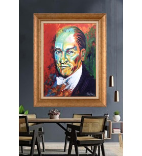 Altın Varaklı Çerçeveli Paspartulu Atatürk Tablo nh92 (Gold)