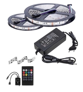 10 Metre 12V 120 Ledli RGB İç Mekan Şerit Led 8A Plastik Adaptör Sese ve Müziğe Duyarlı Led Kontrol