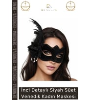 #Maske İnci Detaylı Siyah Süet Venedik Maskesi Tüy Süslemeli Şık Lüks Parti Balo Maskesi