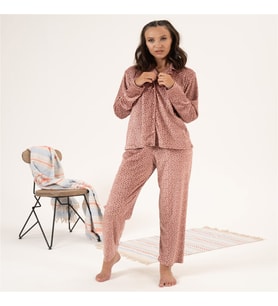 Estiva Desenli Önden Düğmeli Kadife Bayan Pijama Takım (Pembe)
