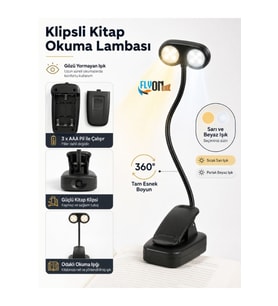 Gözü Yormayan Klipsli Kitap Okuma Işığı 3W SMD LED Mandallı Pilli Lamba 360° Esnek Boyun Sarı ve Beyaz Işık