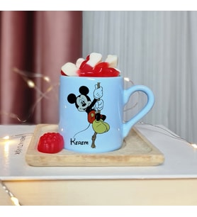 Mickey Mouse Tasarımlı Kişiye Özel Mavi Türk Kahvesi Fincanı