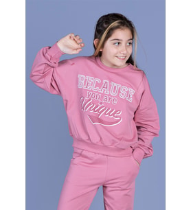 Toontoy Kız Çocuk Baskılı Düşük Kol Sweatshirt (Gül Kurusu)