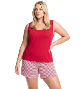 Kadın Büyük Beden Çizgili Cep Şortlu Pijama Takımı - Kırmızı
