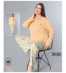 Melodi Kadın Büyük Beden Standart Kalıp %100 PAMUK Düğmeli Yaka Uzun Kol Baharlık Pijama Takımı 17096- 1 Adet (Turuncu)