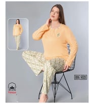 Melodi Kadın Büyük Beden Standart Kalıp %100 PAMUK Düğmeli Yaka Uzun Kol Baharlık Pijama Takımı 17096- 1 Adet (Turuncu)