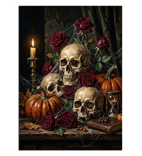 Balkabaklı Kafatası ve Kırmızı Güller Dekoratif Kanvas - Mdf Ahşap Tablo