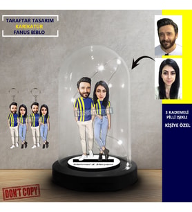 Kişiye Özel Karikatür Sarı Lacivert Taraftar Tasarımlı Fanus Biblo, Taraftar Hediyesi, + 2 anahtarlık ile