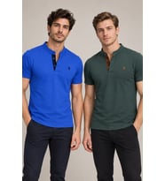 Dewberry Erkek Pamuklu Tişört 2'li Set Yeşil-Saks T8560 Casual Stil, Jean ve Şort Kombini, Seyahat Gardırobu