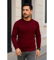 Erkek Bisiklet Yuvarlak Yaka Triko Kazak Pamuklu Kalın Fitilli Dokuma, Regular Fit Uzun Kollu Kışlık Model - Bordo