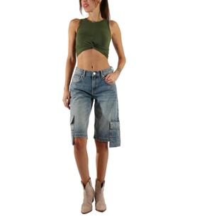 Denim Cep Detaylı Mavi Midi Şort 
