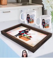 BK Gift Kişiye Özel Kadın Tesettürlü Öğretmen Karikatürlü Doğal Ahşap Tepsi ve 2’li Kupa Bardak Seti-1