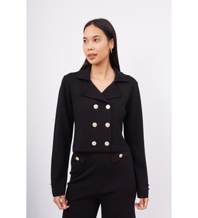 Styleboom X Peraluna KATHY BLAZER Çelik Örgü Crop Kruvaze Blazer Kadın Triko Ceket - Siyah