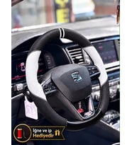 Seat Ateca Dikme Direksiyon Kılıfı Delikli Deri Parlak Siyah Beyaz Detay Çift Yüzük ve Dikiş2016-2020