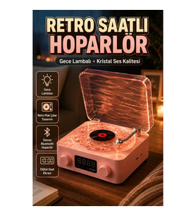 Retro Saatli Bluetooth Hoparlör Gece Lambalı Plak Çalar Tasarım Kristal Ses Kalitesi