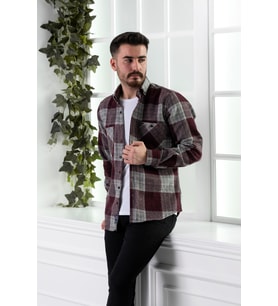 DORSS SLİMFİT ÇİFT CEPLİ EKOSELİ ERKEK ODUNCU GÖMLEK (Bordo)