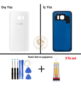 Samsung Galaxy S7 Beyaz Renk Arka Kapak + Tamir Seti + B7000 Yapıştırıcı Arka Cam Batarya Kapağı Pil Kapağı Lazer Kesim Back Cover Galaxy S7 Uyumlu