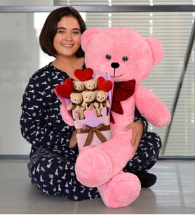 Sevgiliye Hediye 90 cm Papyonlu Peluş Ayıcık ve Kalpli Kahve Ayıcık Buketi (Pembe)